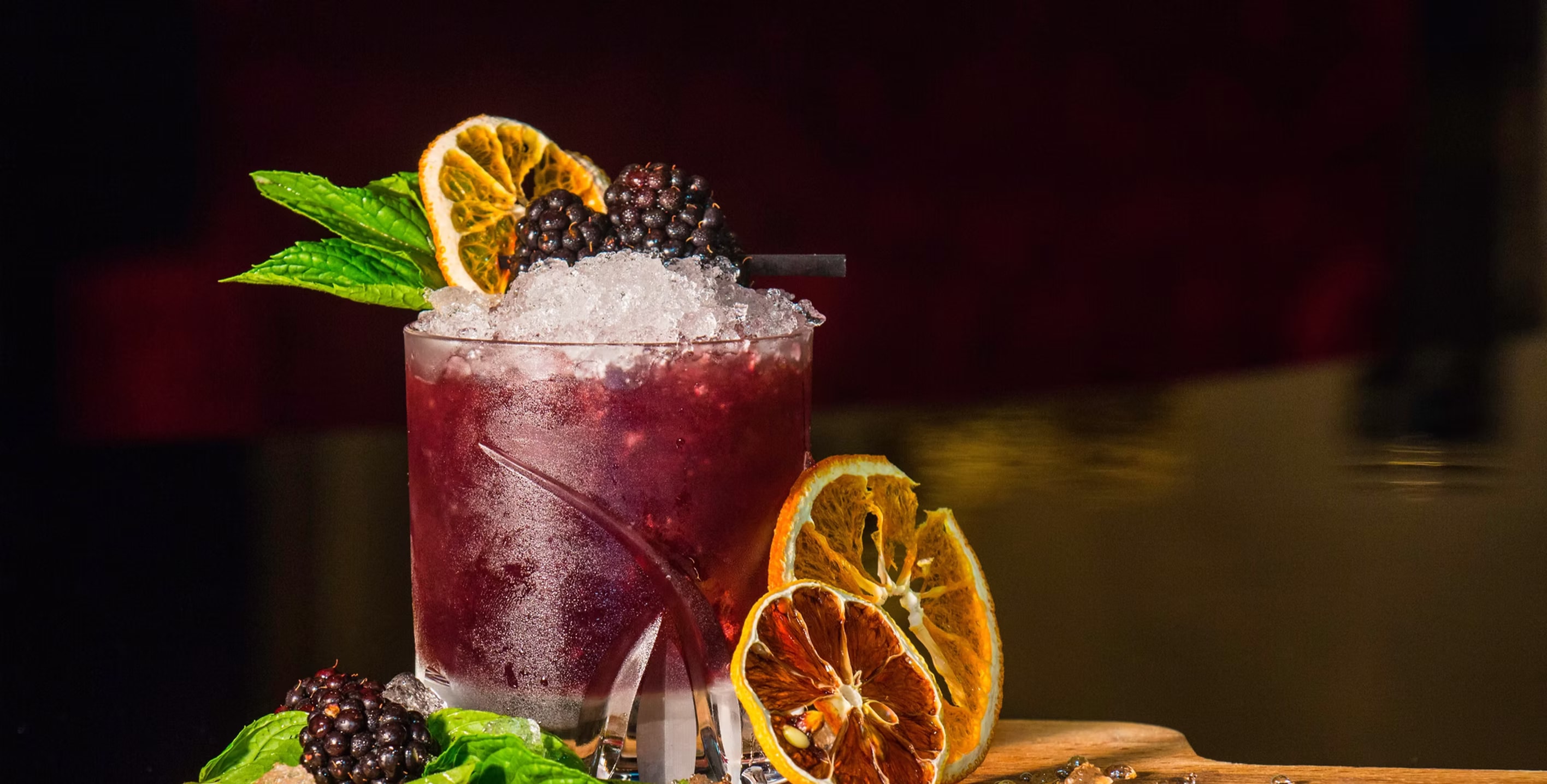 Pao Craft Cocktails blackberry smash with crushed ice and citrus